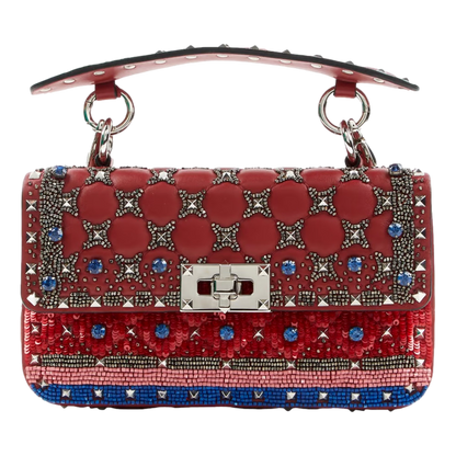 Valentino Rockstud Spike Red Leather Beaded Bag