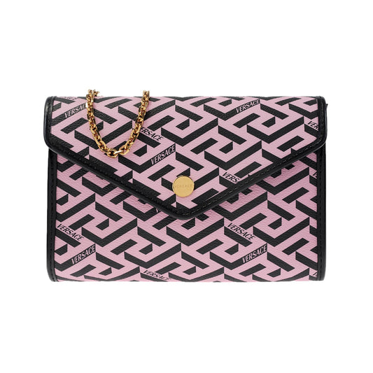 Versace La Greca Signature Canvas Pink and Black Crossbody Clutch Bag