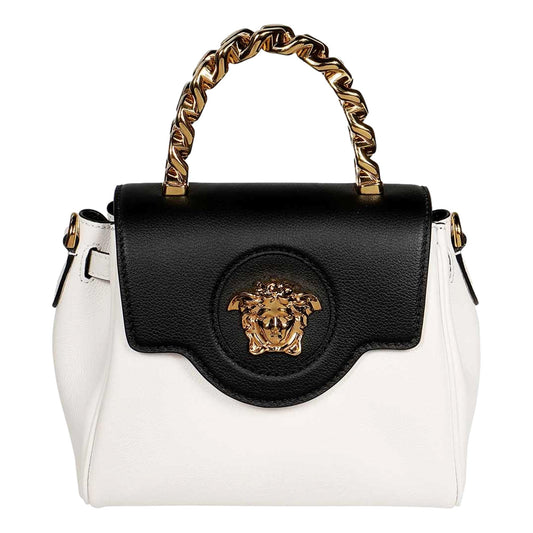 Versace La Medusa Black and White Calf Leather Satchel Crossbody Bag
