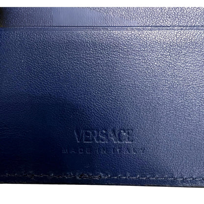 Versace La Medusa Logo Plaque Navy Blue Calf Leather Bifold Wallet