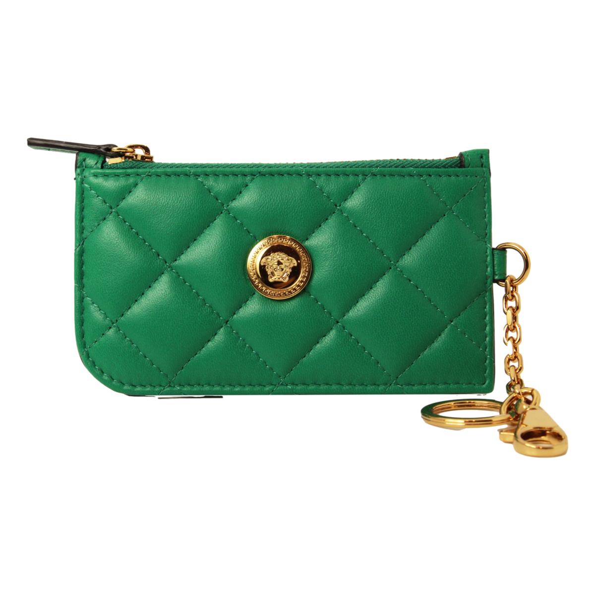 Versace Medusa Quilted Green Lambskin Leather Card Case Keychain