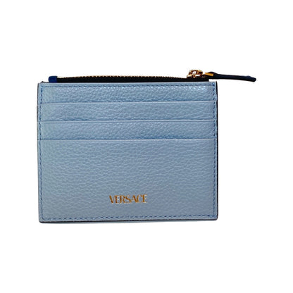 Versace Virtus Cardholder Case Wallet V Logo Light Blue Navy Leather
